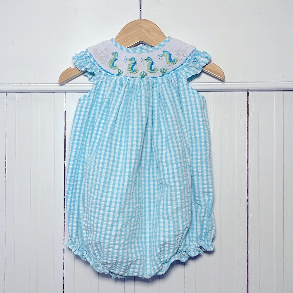 THE BAILEY BOYS Smocked Sea Horse Seersucker Gingham Bubble